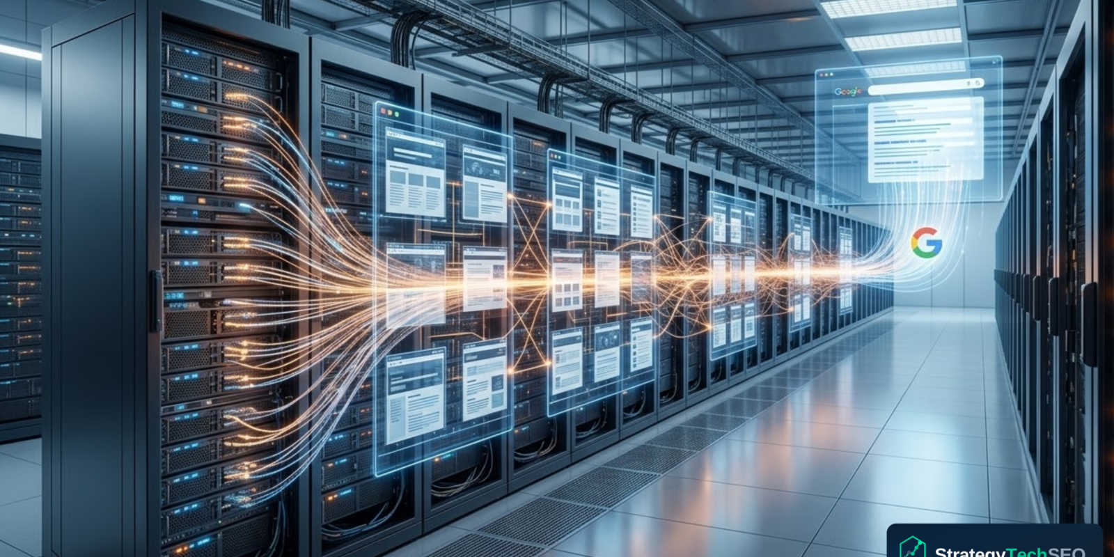 Illustration of programmatic SEO landing pages connected by internal links ranking on Google search results