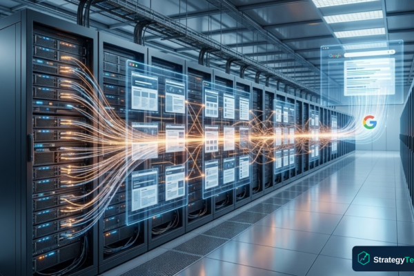 Illustration of programmatic SEO landing pages connected by internal links ranking on Google search results