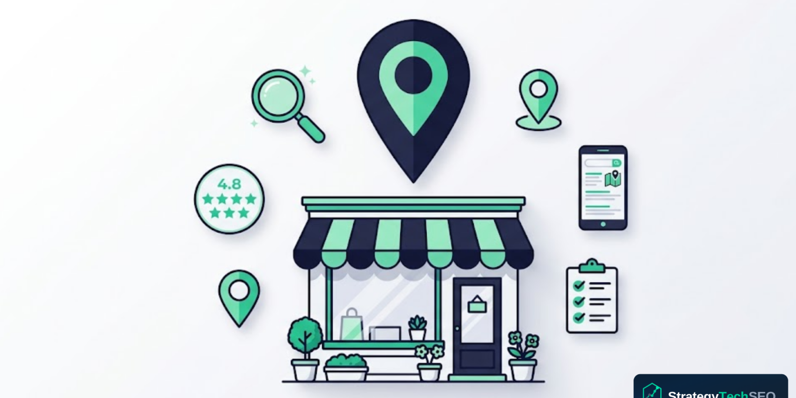 Local SEO for small business strategies showing a storefront with Google Maps pin, search icons, and star ratings on a navy and green background