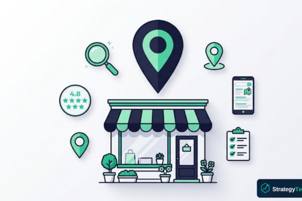 Local SEO for small business strategies showing a storefront with Google Maps pin, search icons, and star ratings on a navy and green background