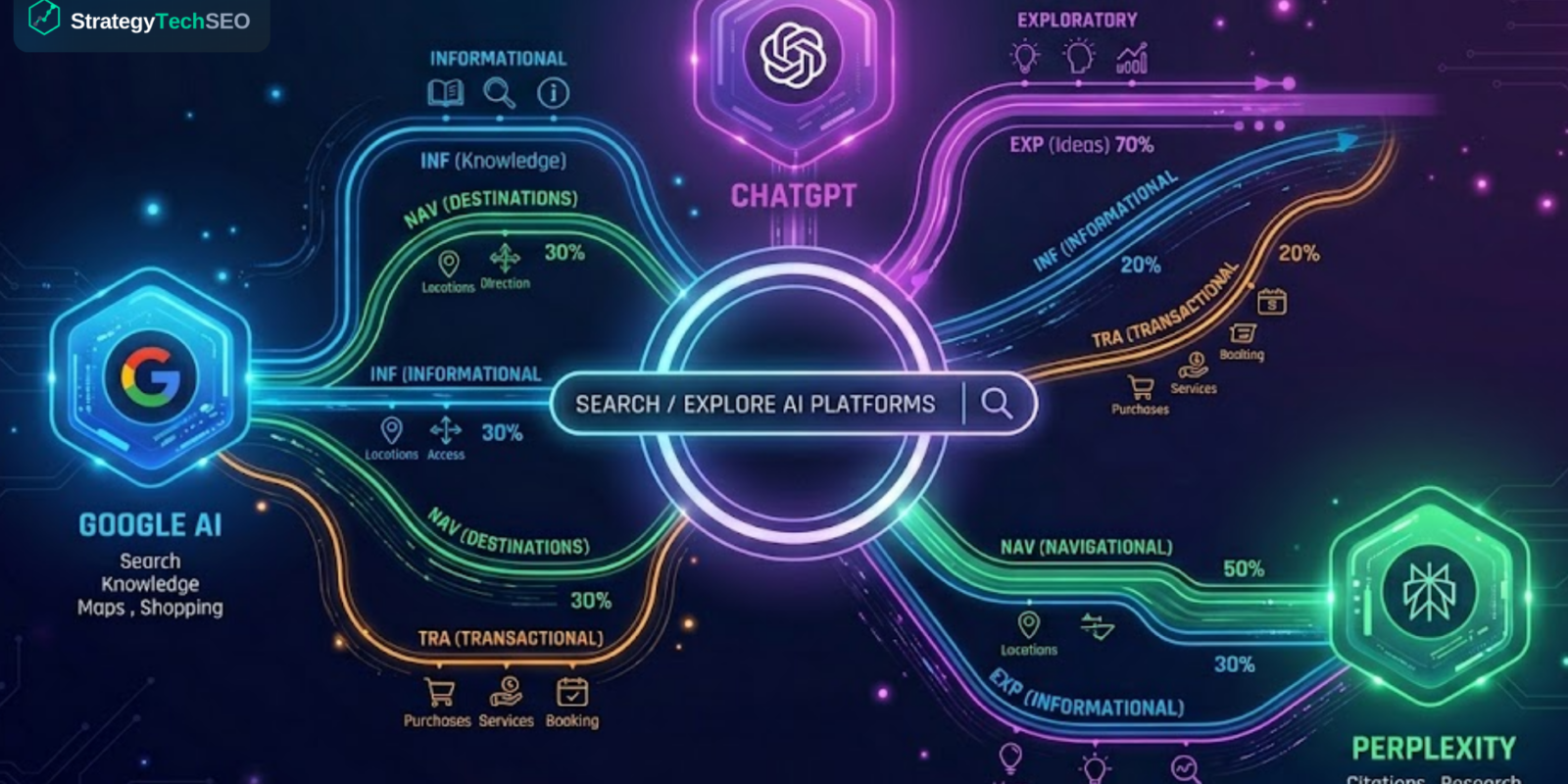 Illustration showing how keyword intent directs content visibility across Google search, AI Overviews, ChatGPT, and Perplexity answer engines