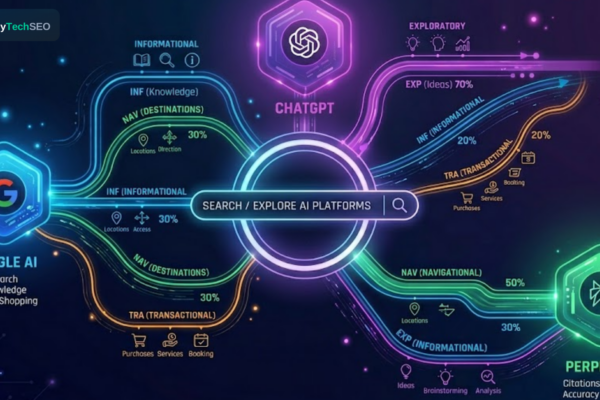 Illustration showing how keyword intent directs content visibility across Google search, AI Overviews, ChatGPT, and Perplexity answer engines