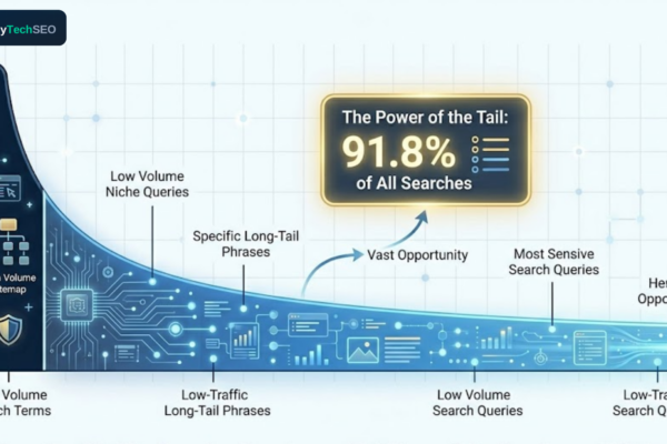 Long tail keywords distribution curve showing 91.8% of all searches come from long tail queries that convert 2.5x better than short keywords