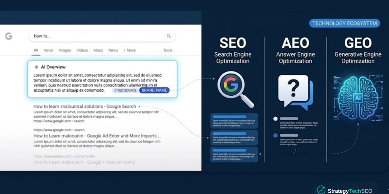 Comparison diagram showing the differences between SEO, AEO, and GEO optimization strategies