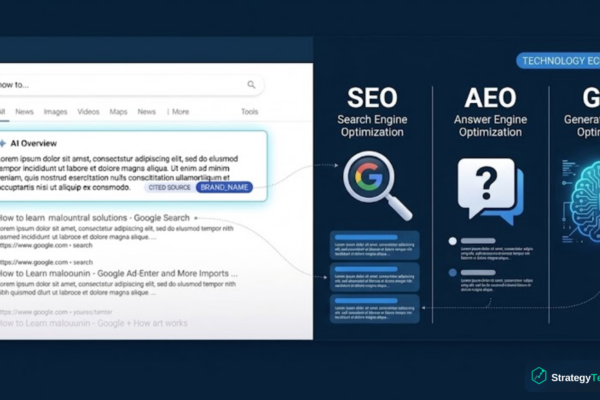 Comparison diagram showing the differences between SEO, AEO, and GEO optimization strategies