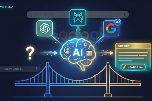 Illustration showing how answer engine optimization bridges traditional SEO and AI search visibility across ChatGPT, Perplexity, and Google AI Overviews