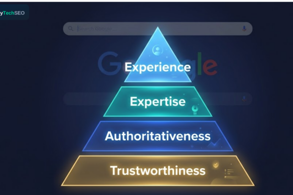 Illustration of the E-E-A-T framework showing Experience, Expertise, Authoritativeness, and Trustworthiness as layers in a trust pyramid used by Google to evaluate content quality