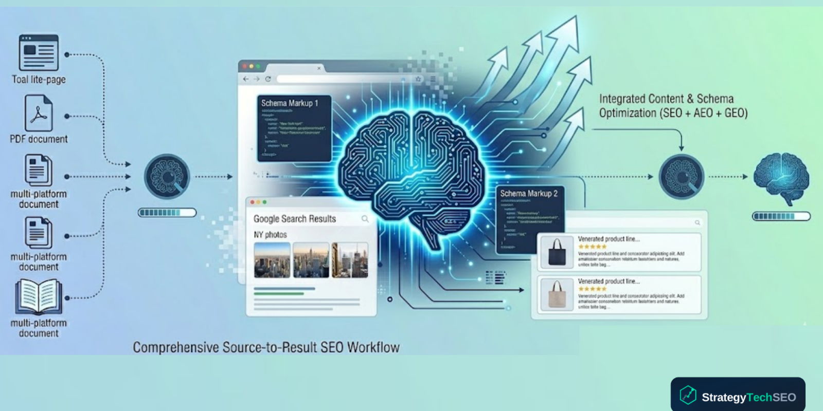 Illustration showing the AI overviews SEO impact on organic search results with strategy arrows breaking through to visibility