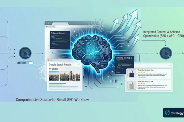 Illustration showing the AI overviews SEO impact on organic search results with strategy arrows breaking through to visibility