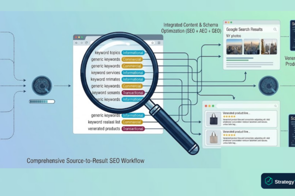 Illustration showing how to do keyword research with intent classification labels and platform mapping for 2026 SEO strategy