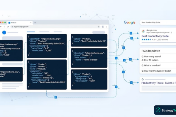 Schema markup for SEO illustration showing JSON-LD structured data connecting to Google rich results including FAQ dropdowns and star ratings