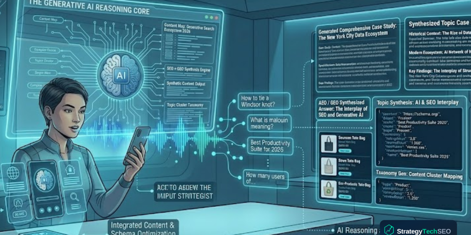 Voice search optimization in 2026 showing a user speaking to an AI assistant with structured search results for SEO in 2026