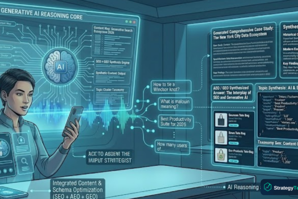Voice search optimization in 2026 showing a user speaking to an AI assistant with structured search results for SEO in 2026